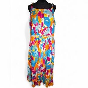 Harlow & Rose Tie Strap Floral Button Front Colorful Sun Dress, Women's Size 1X
